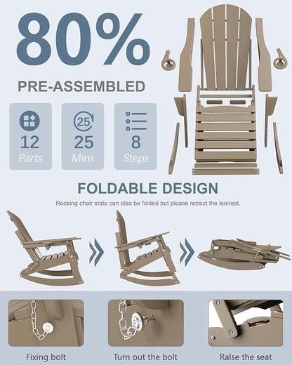 Adirondack Rocking Chairs Set of 4 with Retractable Ottoman, All Weather Folding Adirondack Chair with Two Cup Holders, Adirondack Outdoor Rocking Chairs for Porch, Patio, Balcony. Brown