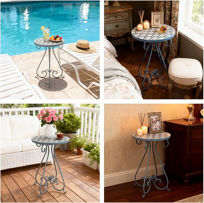 Outdoor Side Table & Mosaic Plant Stand, 14" Ceramic Tile Top Round End Table Accent Table, Indoor Outdoor Coffee Tea Table for Yard Porch Garden Patio