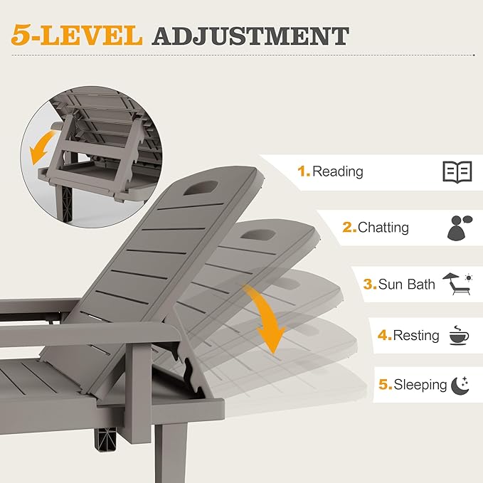 UDPATIO Outdoor Lounge Chair Set of 2 with Arms, Resin Reclining Patio Chaise with Side Table - 5-Position Adjustable Sunbed, Waterproof Pool & Beach Reclining Chair