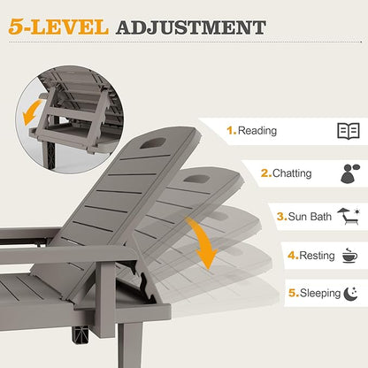 UDPATIO Outdoor Lounge Chair Set of 2 with Arms, Resin Reclining Patio Chaise with Side Table - 5-Position Adjustable Sunbed, Waterproof Pool & Beach Reclining Chair