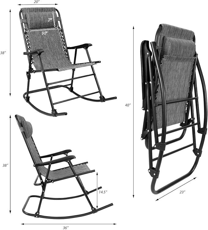 Devoko Patio Rocking Zero Gravity Chair Outdoor Wide Recliner Chair for Lawn Beach Camping Poolside with Headrest Pillow (Grey)