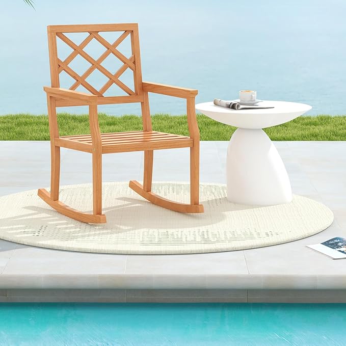 Tangkula Teak Wood Rocking Chair, Oversized Porch Rocker with Backrest and Slatted Seat, Outdoor Rocker Chair for Patio, Backyard and Lawn, 330 LBS Weight Capacity (1, 30 x 23 x 35 Inch)