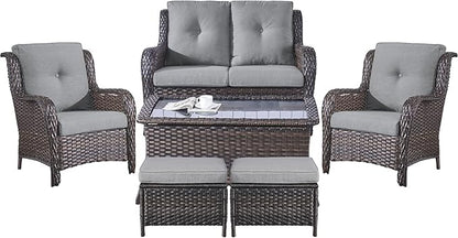 Belord 6 Pieces Patio Furniture Set Outdoor Wicker Furniture, 2 Patio Wicker Chairs with 1 Loveseat Sofa, Coffee Table and Ottomans, Patio Conversation Set for Porch Garden Deck Balcony Poolside
