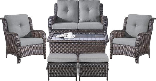 Belord 6 Pieces Patio Furniture Set Outdoor Wicker Furniture, 2 Patio Wicker Chairs with 1 Loveseat Sofa, Coffee Table and Ottomans, Patio Conversation Set for Porch Garden Deck Balcony Poolside