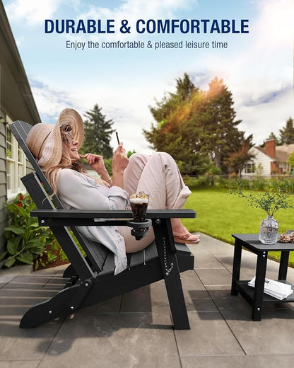 Adirondack Chair with Cup Holder: Adirondack Chairs set of 4 Plastic HDPE Material Furniture - Composite Fire Pit Chairs Foldable for Outdoor/Backyard/Garden/Lawn/Deck/Porch/Patio