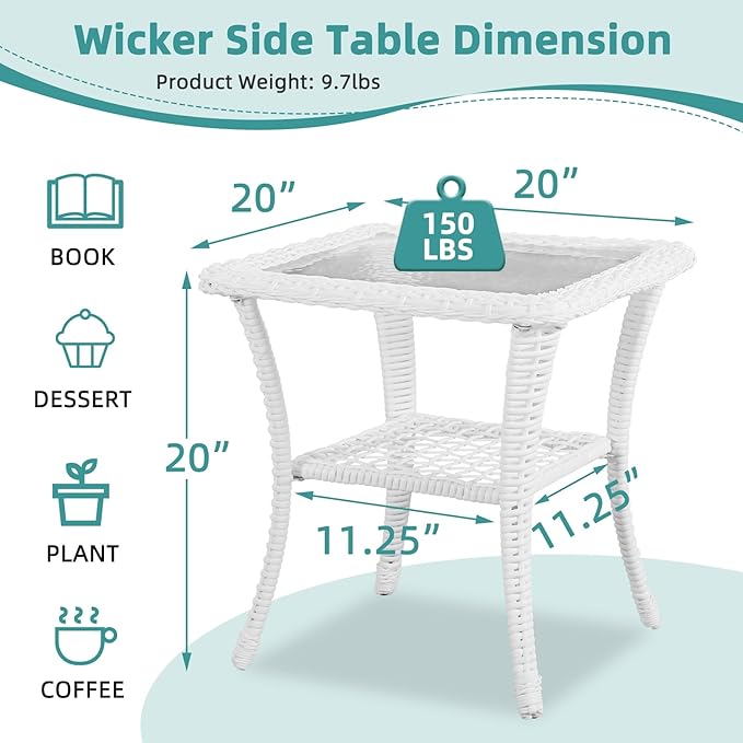 MEETWARM Wicker Outdoor Side Table, All-Weather Patio Rattan Side Table with Tempered Glass Top and Storage Shelf - Photo 2