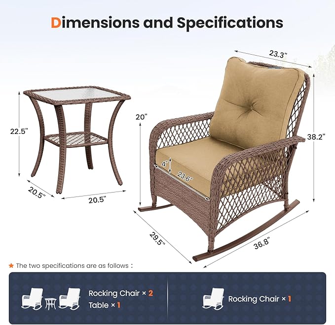 UDPATIO 3 Piece Patio Furniture Set, Wicker Rocking Bistro Set with 2 Rockers, 1 Side Table and 4‘’ Thick Cushions for Backyard, Porch, Balcony, Poolside, Brown/Khaki