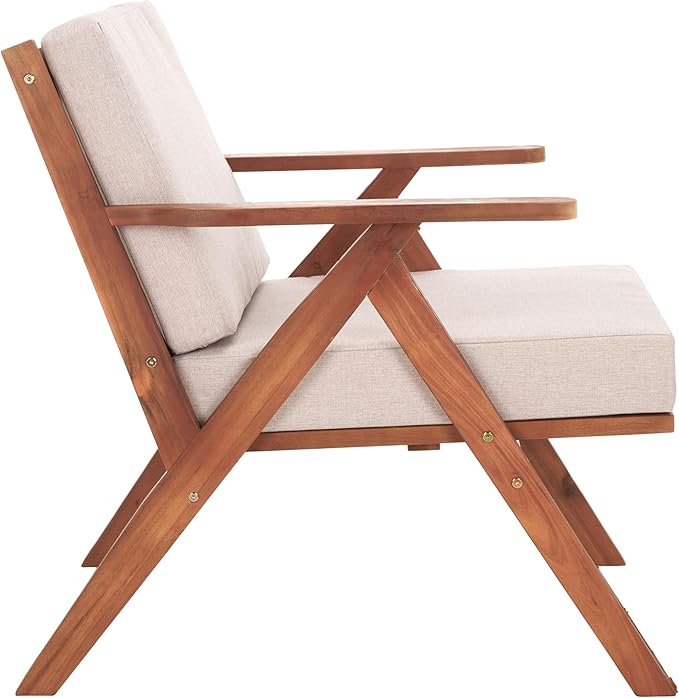 SAFAVIEH Outdoor Collection Dryad Mid-Century Modern Natural/Light Grey Solid Wood Chair with Cushion, Ideal for Deck, Patio, Backyard, Sunroom