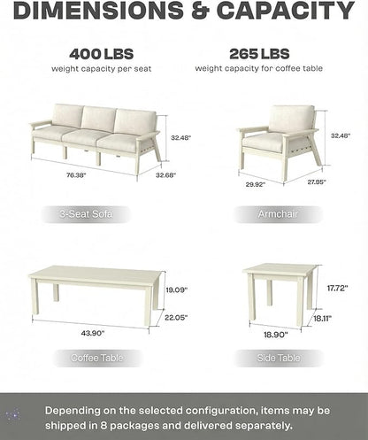 HDPE 5 Piece Patio Furniture Set, Outdoor Couch with Washable Thick Beige Cushions & Coffee Table & Side Table, Outdoor Sectional Furniture for Backyard, Deck, Lawn, Porch (White Frame)