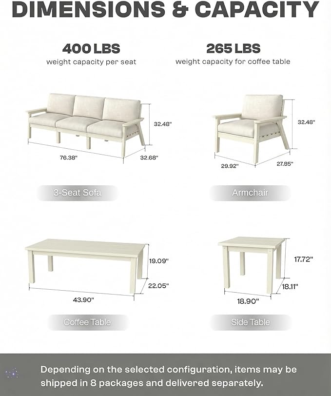 HDPE Patio Furniture Set with Cantilever Umbrella, Outdoor Couch with Washable Thick Beige Cushions & Tables, Outdoor Sectional Furniture for Deck, Lawn, Porch (White Frame)