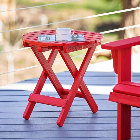 Shine Company Round Wooden Folding Solid Wood Side Table, Outdoor Adirondack Small Patio Table, Chili Red