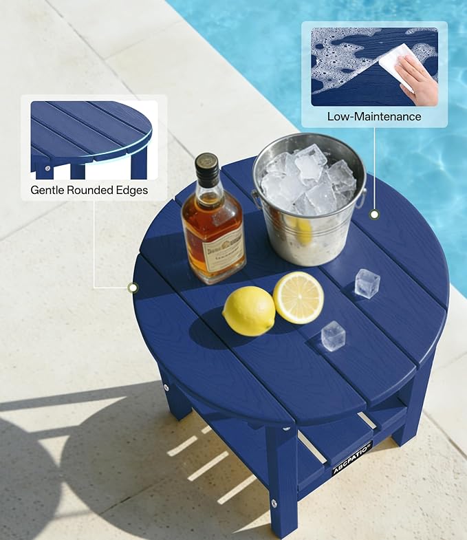 Outdoor Side Table Round - Patio Side Tables - HDPE Small Outdoor End Table for Backyard Pool Porch Balcony - Double Layer Storage - Navy (Wood Grain Finish)