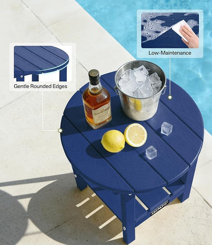 Outdoor Side Table Round - Patio Side Tables - HDPE Small Outdoor End Table for Backyard Pool Porch Balcony - Double Layer Storage - Navy (Wood Grain Finish)