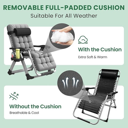 Oversized Zero Gravity Chair, XL Lounge Chair 29” Width, Padded Reclining Camping Chair W/Removable Cushion & Adj Headrest, Storage Bag, Footrest Cushion, Cup Holder, for Indoor Outdoor, Gray