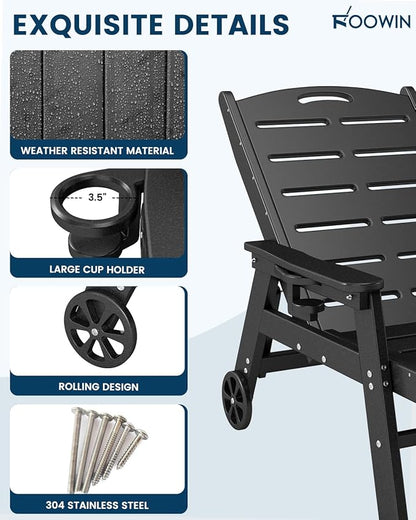FOOWIN Chaise Lounge Chair Set of 2，HDPE Lounge Chair Outdoor with 5 Positions,Oversized Pool Lounge Chairs with Rolling Wheels & Cup Holder for Poolside Deck Backyard,Black