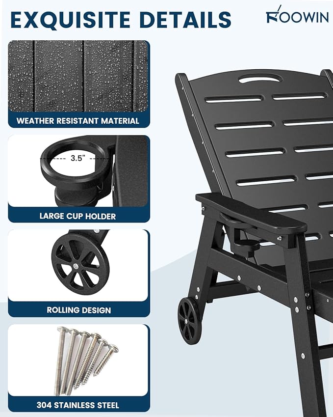 FOOWIN Chaise Lounge Chair，HDPE Lounge Chair Outdoor with 5 Positions,Oversized Pool Lounge Chairs with Rolling Wheels & Cup Holder for Poolside Deck Backyard,Black