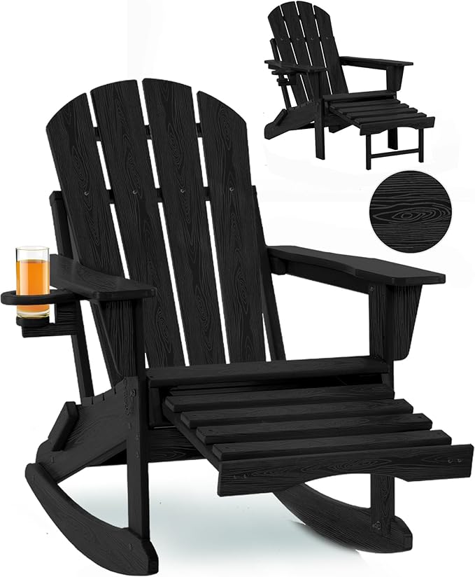 Folding Adirondack Rocking Chair,4-in-1 Multifunctional Patio Chair with Retractable Ottoman, Outdoor Chair Wood Texture, Lawn Chair for Porch, Backyard, Pool(Black)