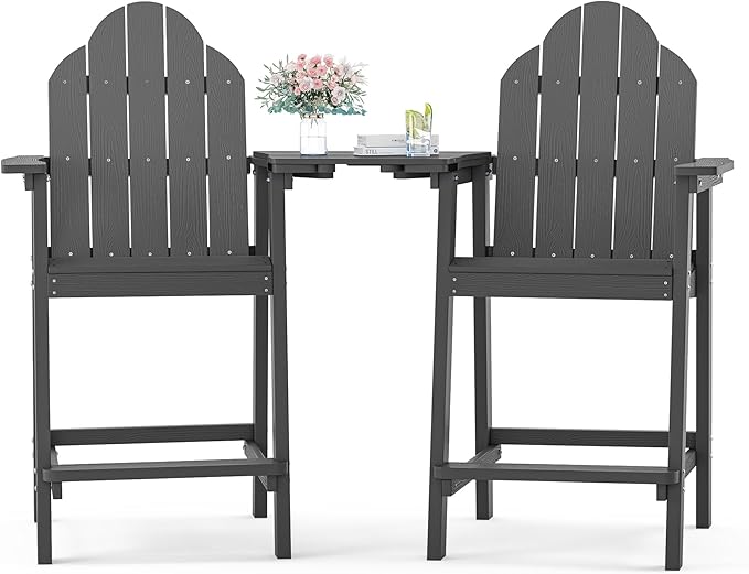 LUE BONA Tall Adirondack Chair Set of 2, All Weather HDPS Bar Height Adirondack Chair with Detachable Table & Umbrella Hole, Adirondack Barstools for Patio, Deck, Backyard & Commercial Use Dark Gray