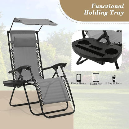 Athena Collection Zero Gravity Outdoor Lounge Chair Set of 2 with Canopy Shade, 25" Width Pool Lounge Lawn Chairs Reclining with Cup Holder, Outdoor Chaise for Beach Patio Outside, Grey