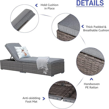 Patiorama Outdoor Patio Chaise Lounge Chair, Elegant Reclining Adjustable Pool Rattan Chaise Lounge Chair with Cushion, Grey PE Wicker, Steel Frame,Light Grey, Set of 4