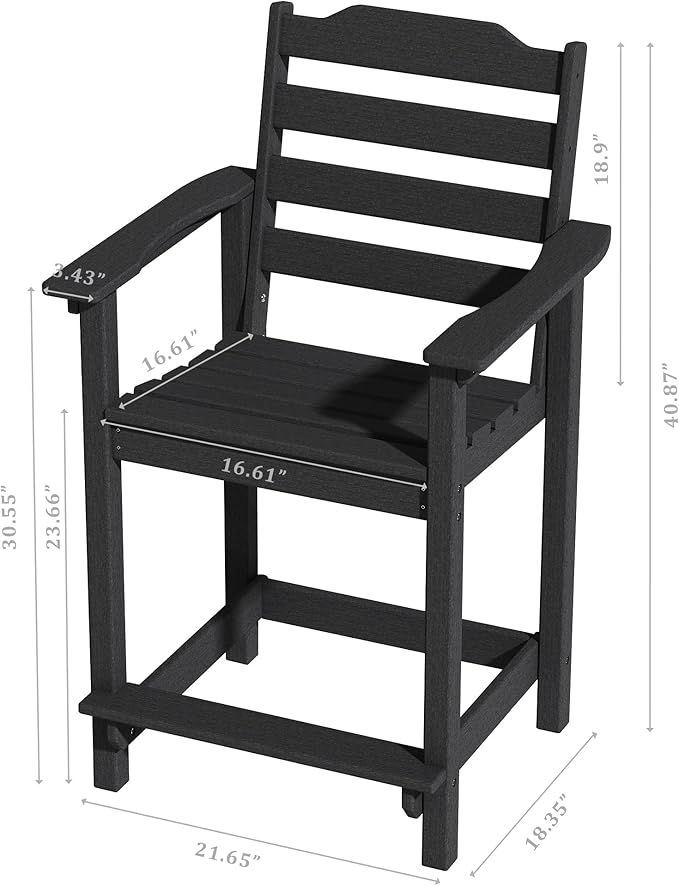 Tall Adirondack Bar Stool, Heavy-Duty Counter Height Chair with Ergonomic Seat, Durable Patio Barstool for Backyard, Deck, Poolside, Black