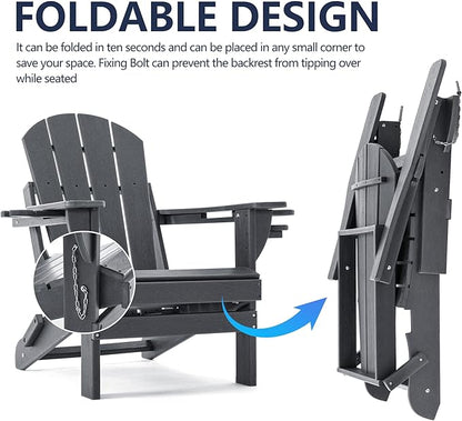 Folding Adirondack Chair, HDPE Outdoor Texture Lawn Chair with Reclining Back, Cup and Phone Holder - Comfortable Firepit Chair Weather Resistant for Patio or Backyard (Grey, Set of 1)