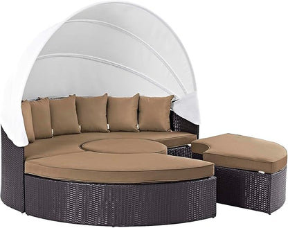 Modway Convene Wicker Rattan Outdoor Patio Retractable Canopy Round Poolside Sectional Sofa Daybed with Cushions in Espresso Mocha