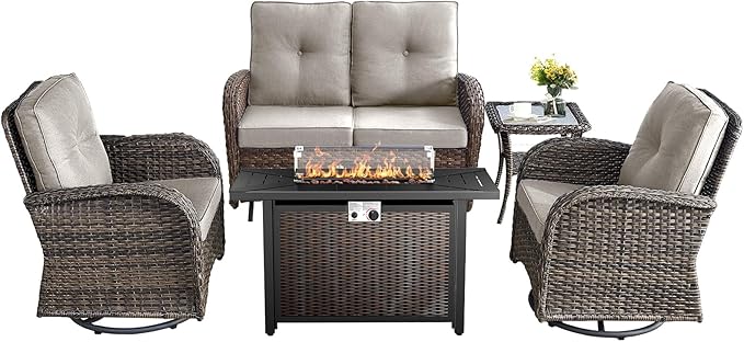5 Pieces Patio Furniture Set with Fire Pit Table-All Weather Rattan Wicker Outdoor Glider Bench with Outdoor Swivel Chair Outdoor Furniture for Deck Porch Garden Balcony Poolside-Brown/Beige