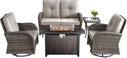 5 Pieces Patio Furniture Set with Fire Pit Table-All Weather Rattan Wicker Outdoor Glider Bench with Outdoor Swivel Chair Outdoor Furniture for Deck Porch Garden Balcony Poolside-Brown/Beige