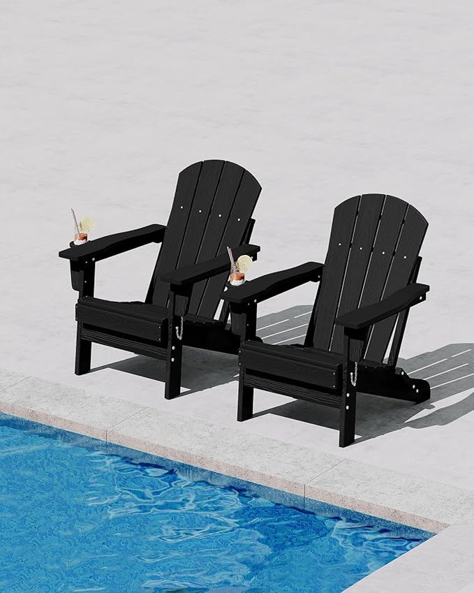 Garvee Folding Adirondack Chair, HDPE Outdoor Patio Chair with Cup Holder, All Weather Resistent Wooden Textured for patios, Decks, Gardens, fire Pit, Black
