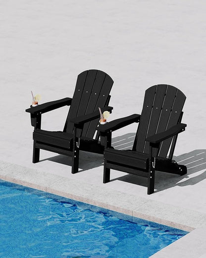 Folding Adirondack Chair Set of 4, All-Weather HDPE Outdoor Chair, Wooden Textured with Cup Holder for patios, Decks, Gardens, fire pits, Black