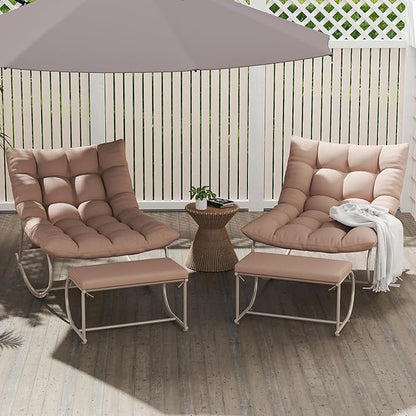 Rocking Chair Outdoor Set of 2, Extra Wide Outdoor Chair with Cushion, Patio Rocking Chairs with Ottoman, Patio Papasan Rocking Chairs for Porch, Garden, Lawn, Khaki