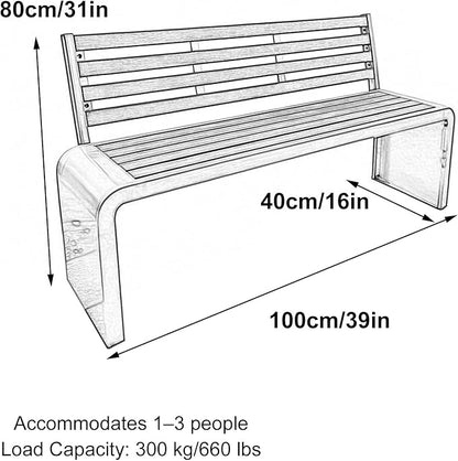 3 Seater Outdoor Metal Garden Bench with Back, Weight Capacity 1210 Lbs, Suitable for Patios, Gardens, Courtyards, Parks(100x80x40cm/39x31x16in)