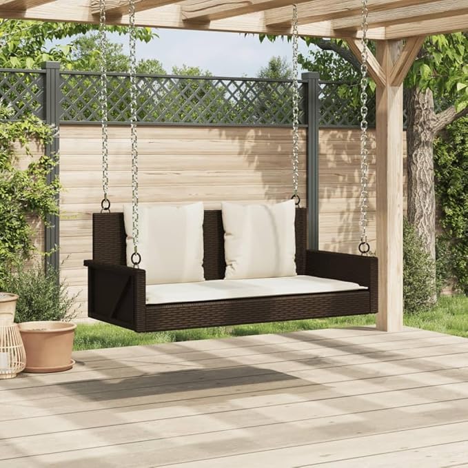 Brown Swing Bench with Cushions, PE Rattan and Powder-Coated Steel Frame, Polyester Outdoor Seating for Garden, Patio - Photo 4