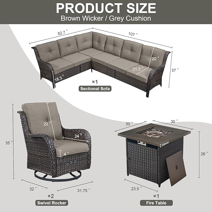 Belord Patio Furniture Set with Fire Pit Table, Outdoor Swivel Rocker Patio Chairs, Oversized Outdoor Sectional Couch - Photo 2