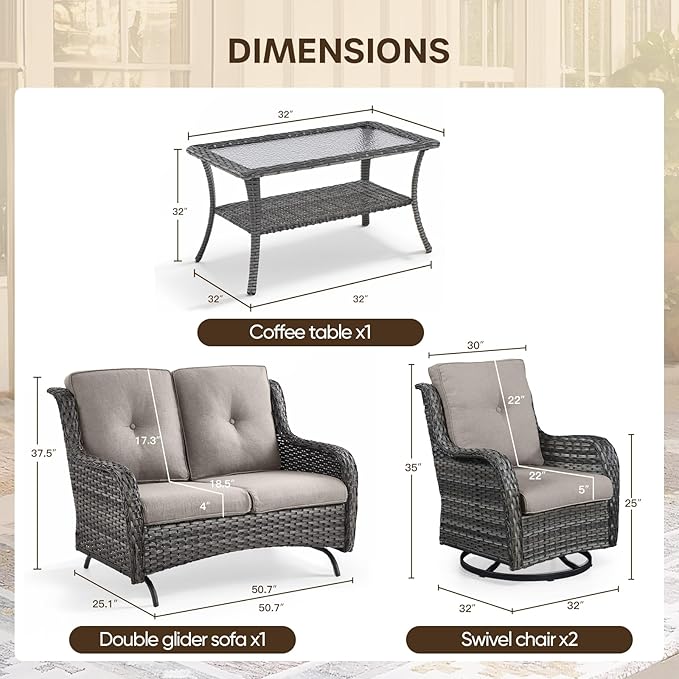 Patio Loveseat Glider Set, Resin Wicker Loveseat Glider with 4 Swivel Patio Chiars Coffee Table, 6 Piece Patio Conversation Set PE Rattan Loveseat Set, Grey Wicker|Grey Cushions