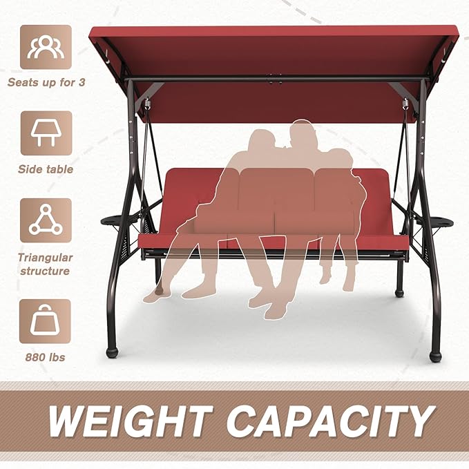 3 Seat Outdoor Porch Swing Chair, Adjustable Canopy Swing Bench, Convertible Backrest Swing Bed with Thicken Cushions - Photo 6