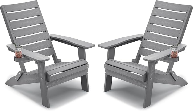 YEFU Adirondack Chair, Folding Adirondack Chairs Set of 2 with Arc Back & Cup Holder, Weather Resistant Plastic Oversized Chair for Outdoor Patio Lawn Garden Backyard Deck Fire Pit, Grey