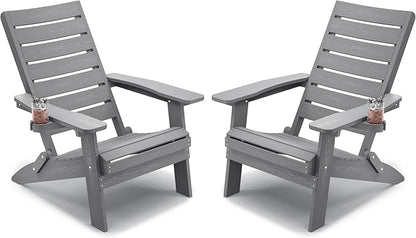 YEFU Adirondack Chair, Folding Adirondack Chairs Set of 2 with Arc Back & Cup Holder, Weather Resistant Plastic Oversized Chair for Outdoor Patio Lawn Garden Backyard Deck Fire Pit, Grey