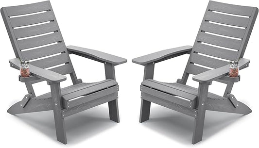 YEFU Adirondack Chair, Folding Adirondack Chairs Set of 2 with Arc Back & Cup Holder, Weather Resistant Plastic Oversized Chair for Outdoor Patio Lawn Garden Backyard Deck Fire Pit, Grey