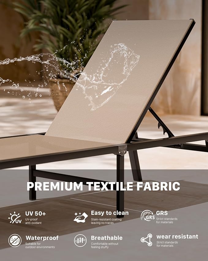 Aluminum Chaise Foldable Patio Lounge Chair Outdoor, Metal Deck Lounger Adjustable 5-Position Recliner Pool Chase Breathable Full Flat Outside Sun Tanning Chairs for Beach/Poolside/Lawn(Khaki, 1 Pack)