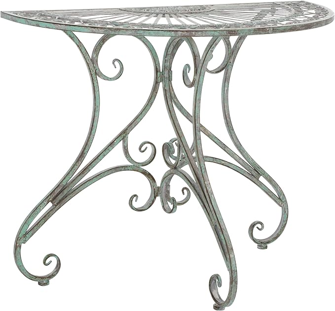 SAFAVIEH Outdoor Collection Annalist Victorian Scroll Antique Dark Green Wrought Iron Half Moon Accent Table