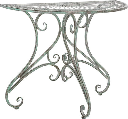 SAFAVIEH Outdoor Collection Annalist Victorian Scroll Antique Dark Green Wrought Iron Half Moon Accent Table