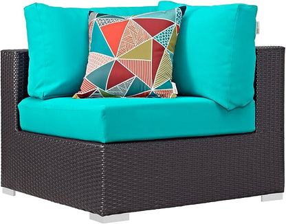 Modway Convene 8-Piece Outdoor Premium Patio Sectional Set in Espresso Turquoise, Synthetic Rattan, All-Weather Cushions