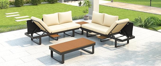Outdoor Sectional Sofa Set with Adjustable Reclining Seats, L-Shaped or Straight Configurable Patio Conversation Set, Weather-Resistant WPC Tables & Water-Resistant Cushions for Backyard