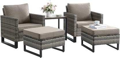 Wicker Outdoor Patio Furniture Set - 5 Piece Patio Conversation Set with 2 Wicker Armrest Chairs,2 Rattan Ottoman and 1 Metal Side Table for Outside Porch Deck Backyard Garden(Mixed Grey/Grey)