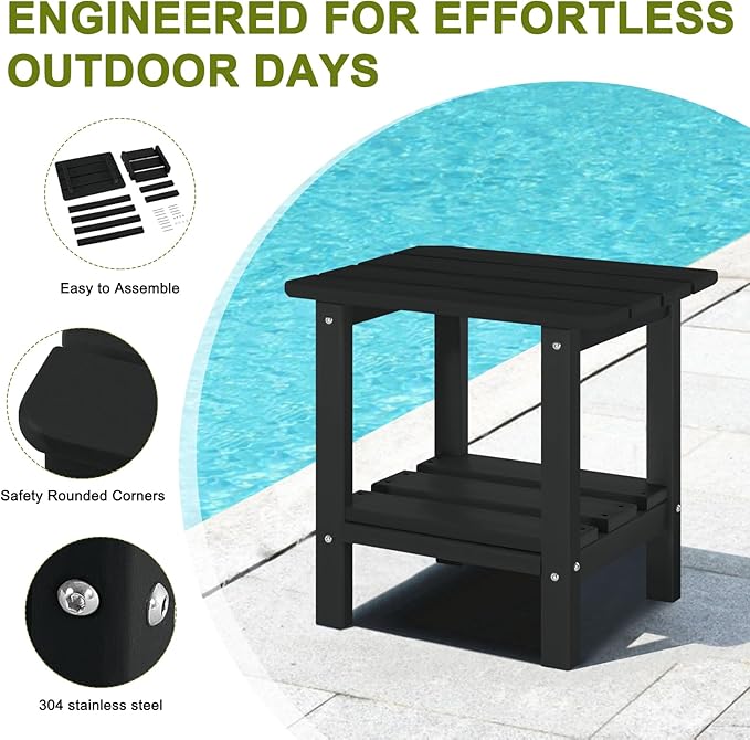 Outdoor Side Table Set of 2 - HDPE Small End Table - Patio Side Tables Square for Backyard Pool Porch Balcony - Indoor Outdoor Double Layer Storage - Black