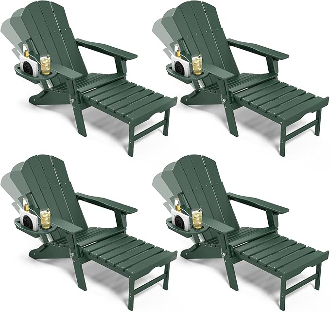 Adjustable Adirondack Chair with Retractable Ottoman Set of 4, HDPE Folding Adirondack Chair with Cup Holder, All Weather Fire Pit Chair for Outdoor, Dark Green