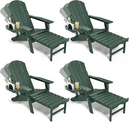 Adjustable Adirondack Chair with Retractable Ottoman Set of 4, HDPE Folding Adirondack Chair with Cup Holder, All Weather Fire Pit Chair for Outdoor, Dark Green