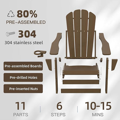 Domi Folding Adirondack Chairs Set of 6, HDPE All-Weather Outdoor Chairs with Cup Holder, Wooden Textured Fire Pit Chairs for Backyard, Patio, Poolside & Deck, Khaki